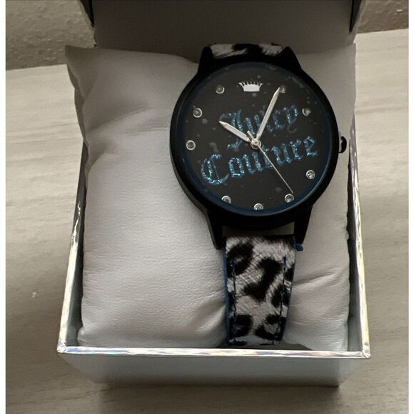 Juicy Couture Black Label NIB Black Blue w/Cheetah Wristwatch Watch - Picture 2 of 11